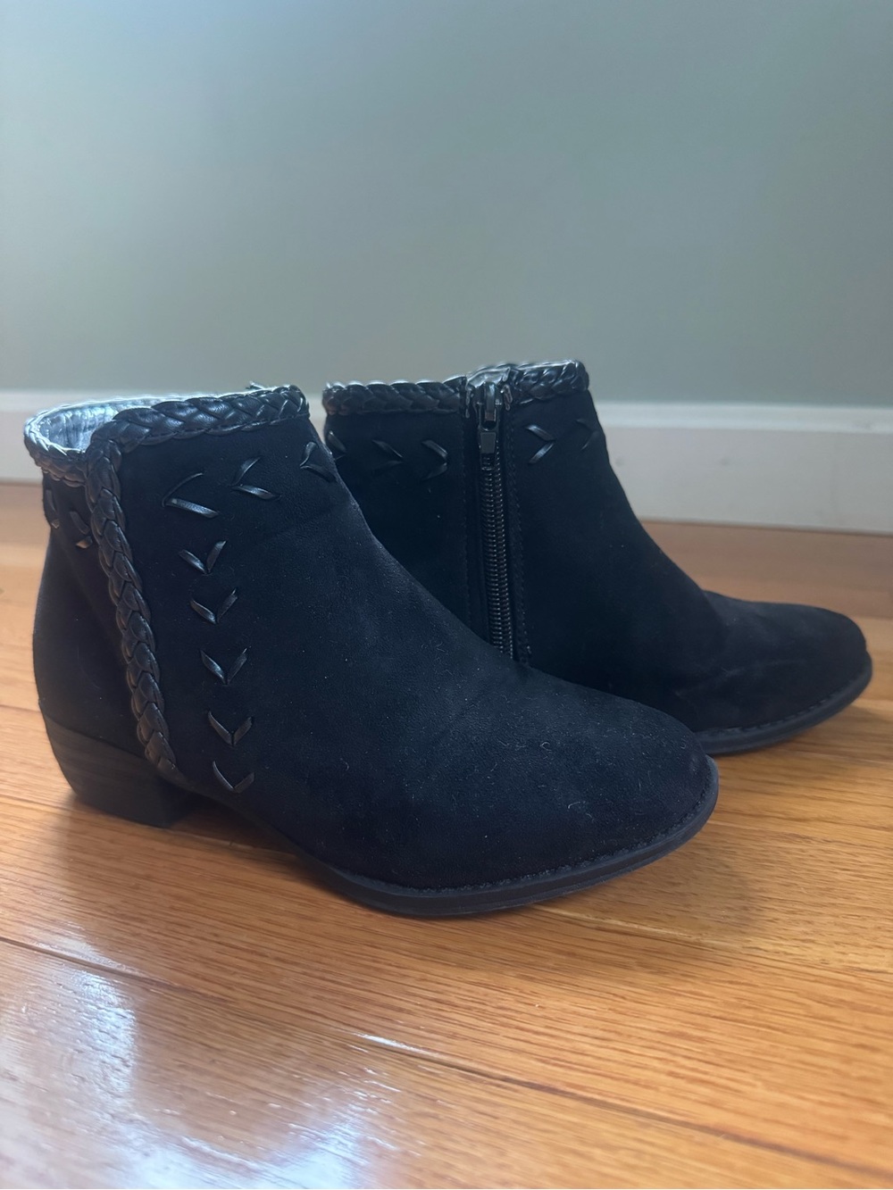 Nanette Lepore Black Suede Ankle Boots with Braided Trim - Girl’s size 13